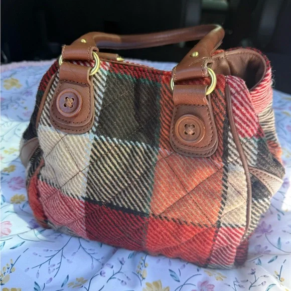Vera Bradley Red Multi Plaid Wool-Blend Shoulder Bag with Brown Trim - Picture 2 of 4